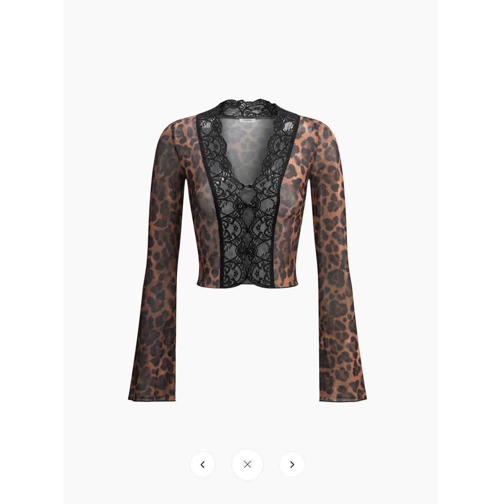 NWT Commense Sheer Leopard Print Long Sleeve Lace Trim Blouse Sz M